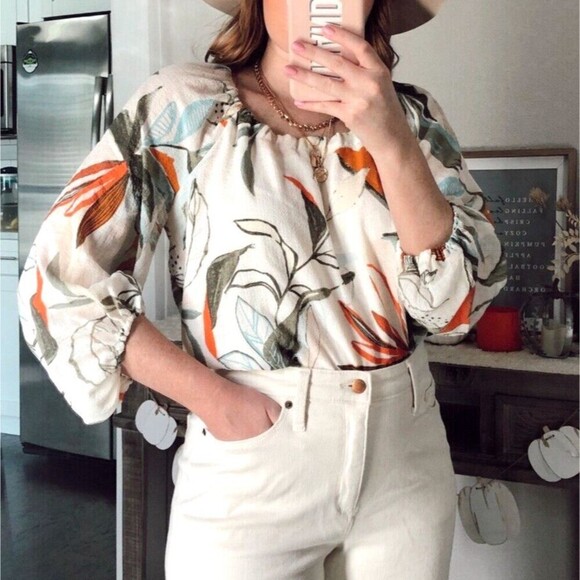 A New Day Tops - a new day floral  womens leaves palm boho multicolor  peasant blouse Xl
